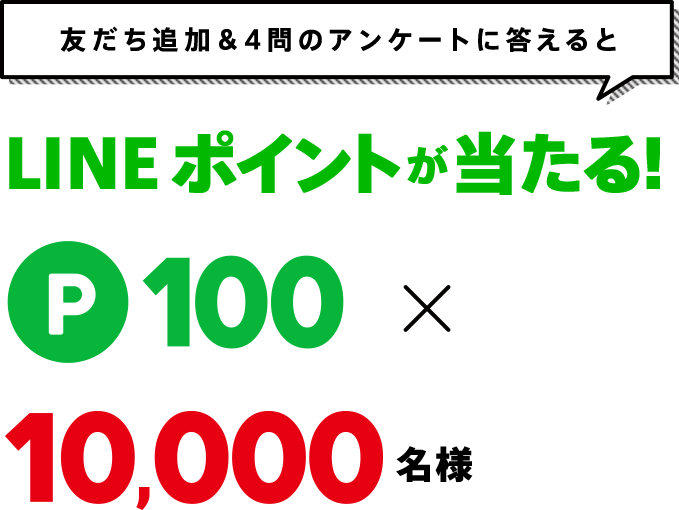 友だち追加&4問のアンケートに答えるとLINEポイントが当たる！100ポイントを10,000名様にプレゼント