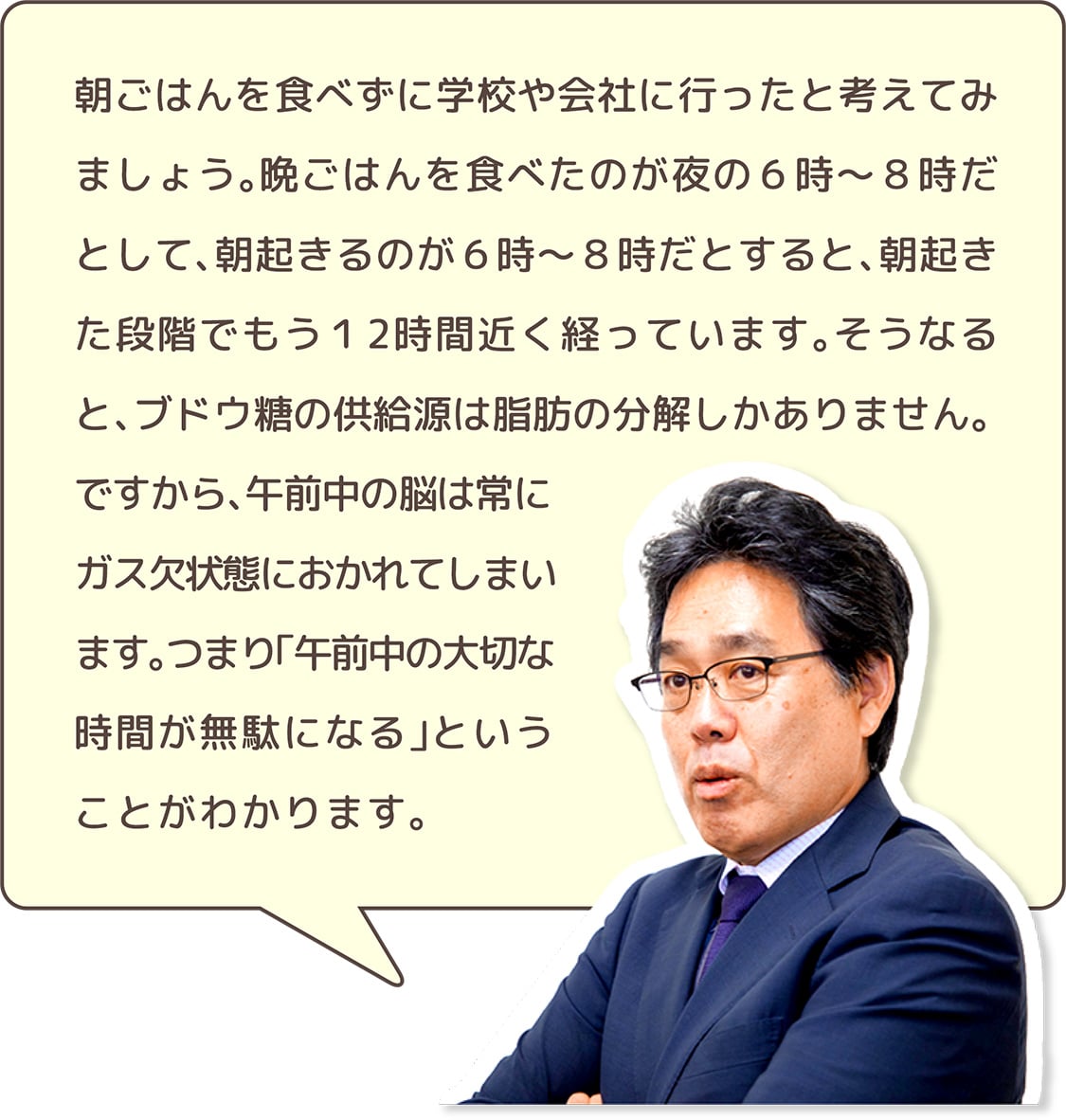 朝ごはんを食べずに学校や会社に行ったと考えてみましょう。晩ごはんを食べたのが夜の6時~8時だとして、朝起きるのが6時~8時だとすると、朝起きた段階でもう12時間近く経っています。そうなると、ブドウ糖の供給源は脂肪の分解しかありません。ですから、午前中の脳は常にガス欠状態におかれてしまいます。つまり「午前中の大切な時間が無駄になる」ということがわかります。