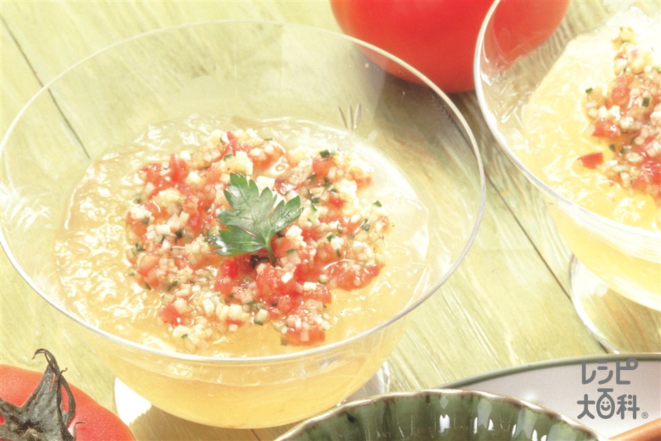 コンソメジュレの２色スープ(きゅうり+トマトを使ったレシピ)