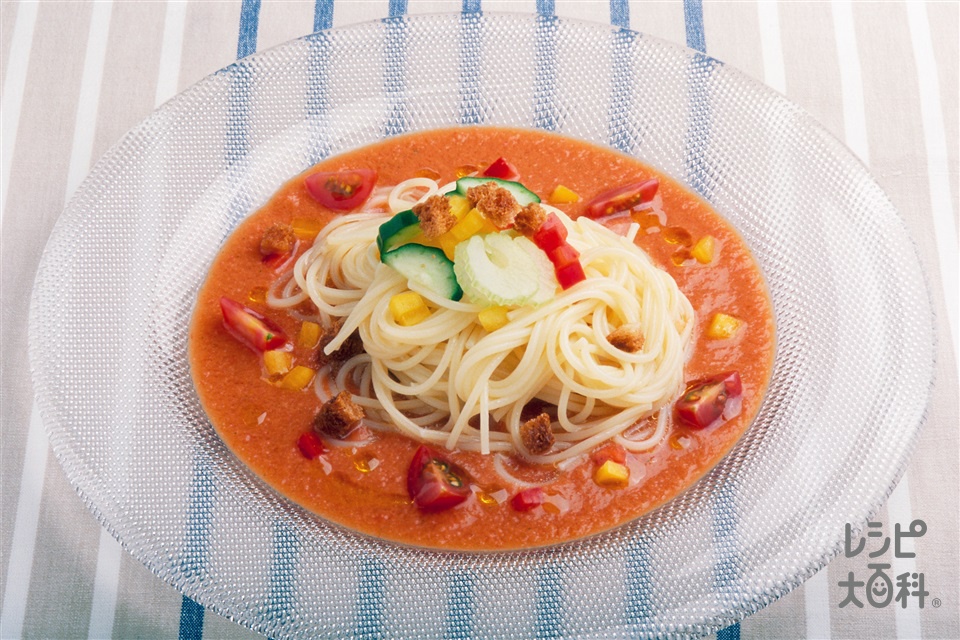 冷製パスタ ガスパチョソースのレシピ 作り方 味の素パーク の料理 レシピサイト レシピ大百科 スパゲッティやトマトジュースを使った料理