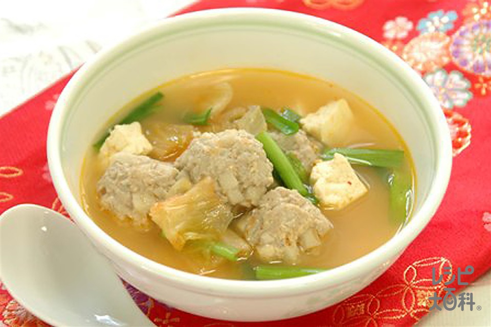 れんこん団子のチゲ風スープ(豚ひき肉+木綿豆腐を使ったレシピ)