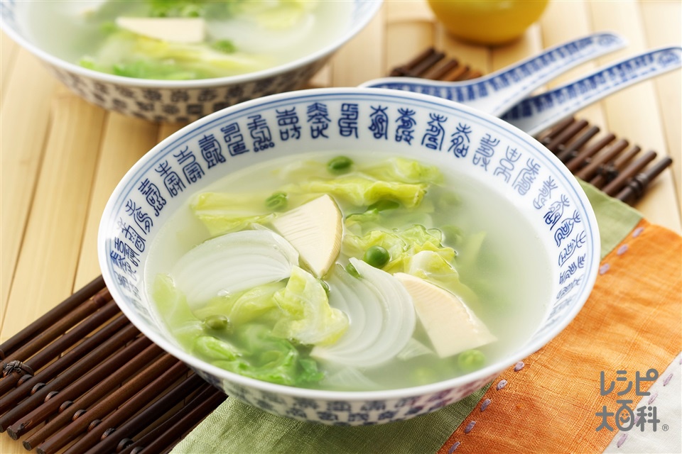 春野菜の中華スープ(キャベツ+グリンピースを使ったレシピ)