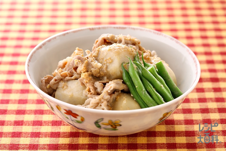 里いもと豚肉のごまみそ煮(里いも+豚肩ロース薄切り肉を使ったレシピ)