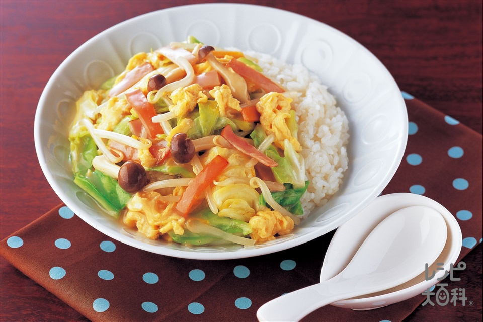 お手軽野菜あんかけ丼(もやし+ご飯を使ったレシピ)