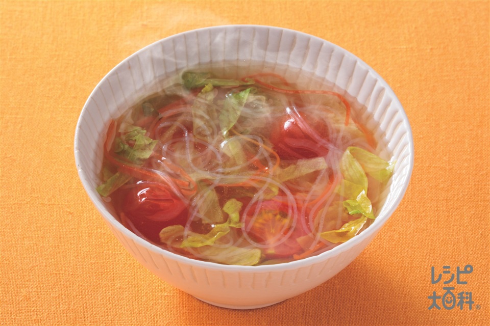 ミニトマトとレタスの春雨スープ(ミニトマト+レタスを使ったレシピ)
