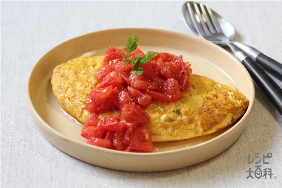 長いものふわとろオムレツ 焼きトマトソースのレシピ 作り方 献立 味の素パーク の料理 レシピサイト レシピ大百科 トマトや溶き卵を使った料理