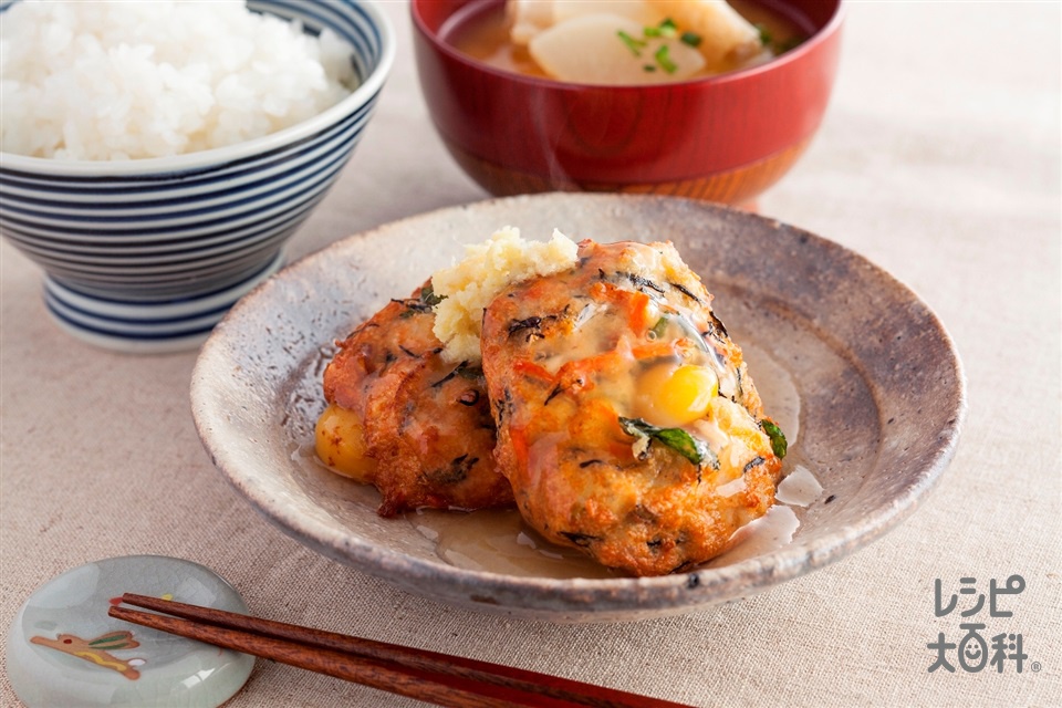 旬のレンコン入り　ふわふわがんもの生姜あんかけ(木綿豆腐+鶏ひき肉を使ったレシピ)