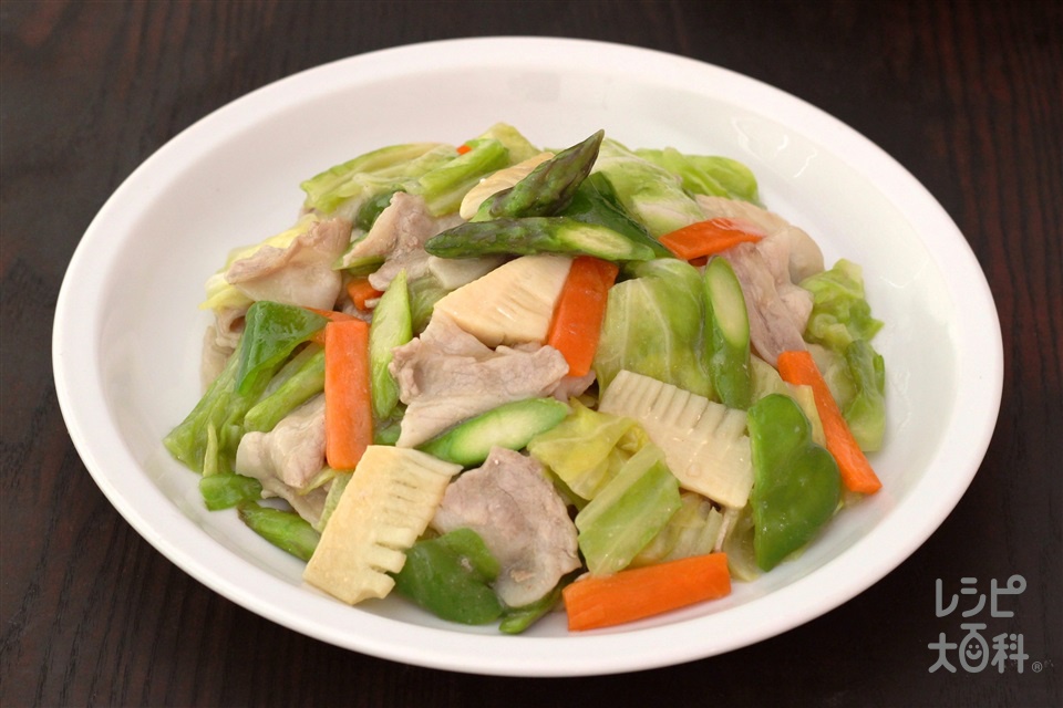 春野菜の八宝菜(豚バラ薄切り肉+春キャベツを使ったレシピ)