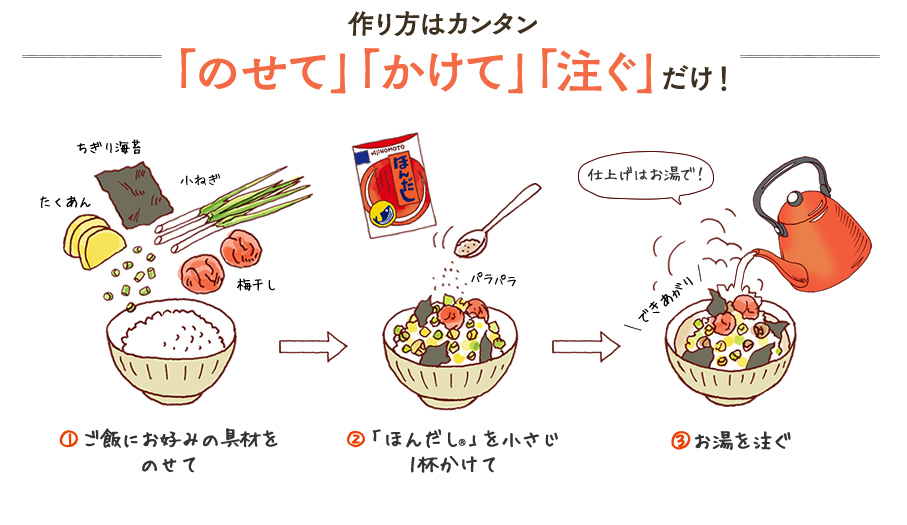 お茶漬けの新定番 ほんだし で作る 簡単だし茶漬け 味の素パーク たべる楽しさを もっと