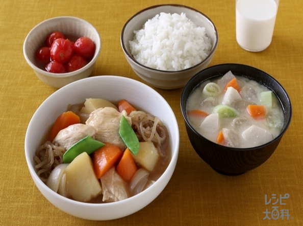 <夕食>鶏むね肉のとろみ肉じゃが献立