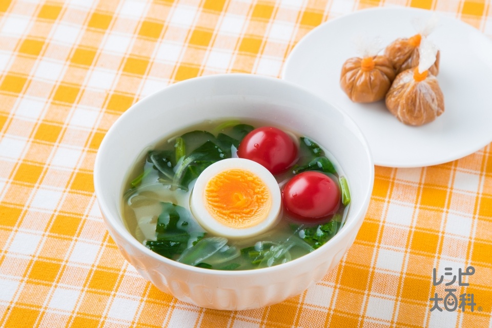 レンジで簡単！三色野菜と卵のおみそ汁