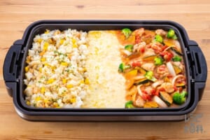 香ばしマヨ!シーフードピラフ × 彩り鮮やか!かぼちゃと鶏肉のトマト煮