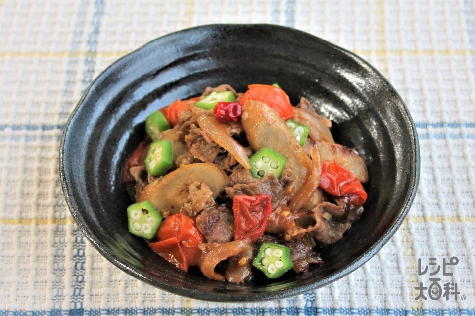 牛バラとオクラとごぼうのトマト煮(牛バラこま切れ肉+ミニトマトを使ったレシピ)
