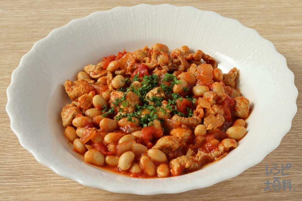 豚こまと大豆のトマト煮カレー風味(豚こま切れ肉+大豆の水煮を使ったレシピ)