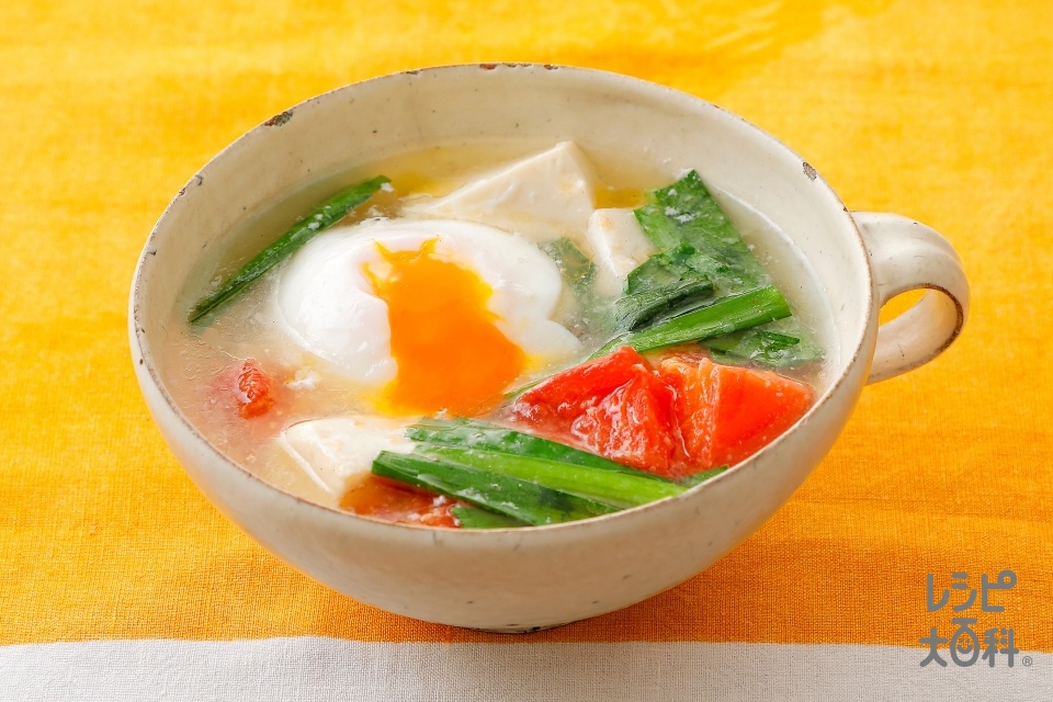 トマトと豆腐の香味スープ(絹ごし豆腐+卵を使ったレシピ)