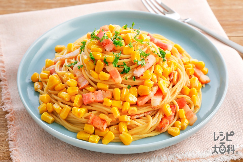 ベーコンととうもろこしのバター醤油(スパゲッティ+ベーコンスライスを使ったレシピ)