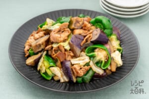 豚肉とまるごとなすとピーマンのオイスターソース炒め