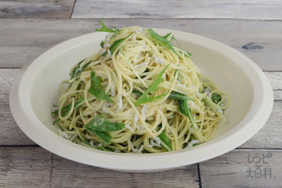 しらすと水菜の生オリーブオイルソースパスタ(サラダ用スパゲッティ+しらす干しを使ったレシピ)