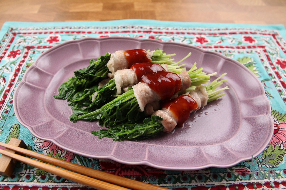 レンチンで！豚バラ豆苗ロール(豚バラ薄切り肉+「丸鶏がらスープ」を使ったレシピ)