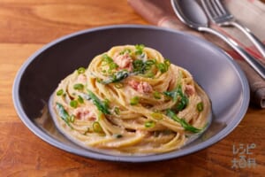 たらこと水菜の豆乳クリームパスタ
