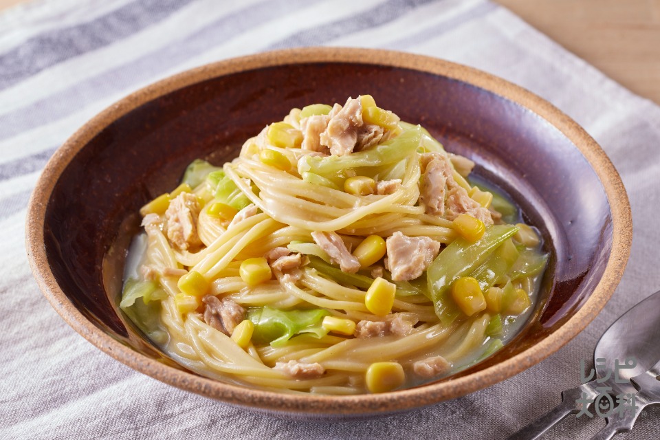 ツナとコーンの豆乳クリームパスタ(スパゲッティ+ツナ油漬缶を使ったレシピ)