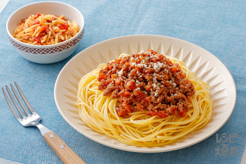 ミートソーススパゲッティ（取り分け離乳食）(スパゲッティ+合いびき肉を使ったレシピ)