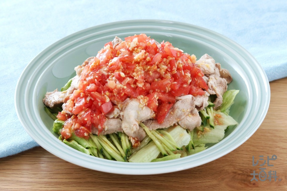 香味生姜だれの中華風豚しゃぶサラダ(豚肩ロースしゃぶしゃぶ用肉+レタスを使ったレシピ)